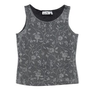 Vintage 90s Y2K Cotton Ginny Metallic Silver & Black Floral Sleeveless Tank Top